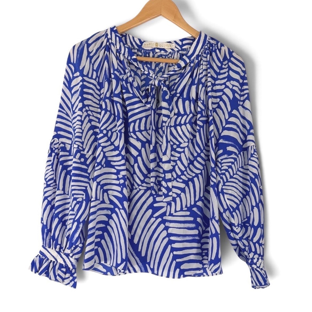 Marie Oliver Blue White Abstract Print Silk Blouse Ruffle Cuff Size S